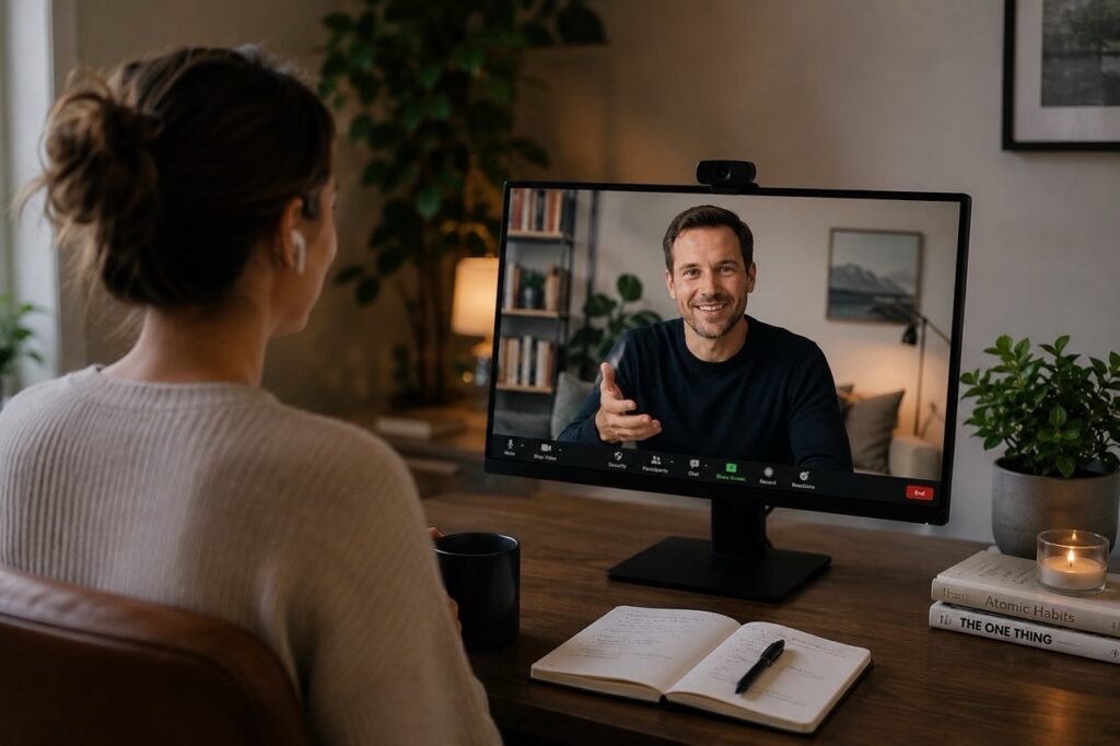 A founder speaking during a relaxed Zoom interview while a content strategist listens from another location, illustrating how one recorded conversation can be transformed into multiple pieces of content.