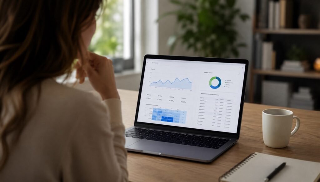 Business owner reviewing email marketing analytics on a laptop in a modern office, illustrating data-driven email strategy, audience segmentation, and campaign performance for service businesses.