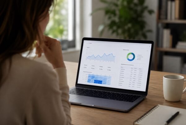 Business owner reviewing email marketing analytics on a laptop in a modern office, illustrating data-driven email strategy, audience segmentation, and campaign performance for service businesses.