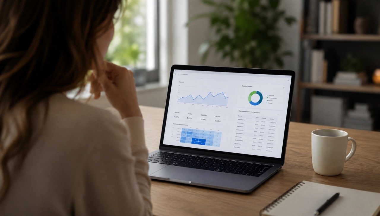 Business owner reviewing email marketing analytics on a laptop in a modern office, illustrating data-driven email strategy, audience segmentation, and campaign performance for service businesses.