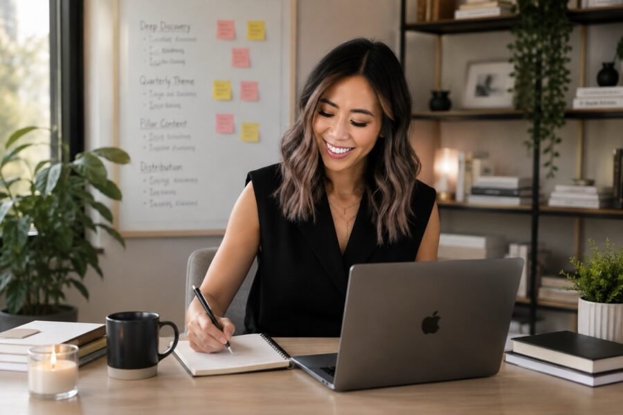 Jessica, founder of merabi, writing in a notebook while working from a relaxed home office.